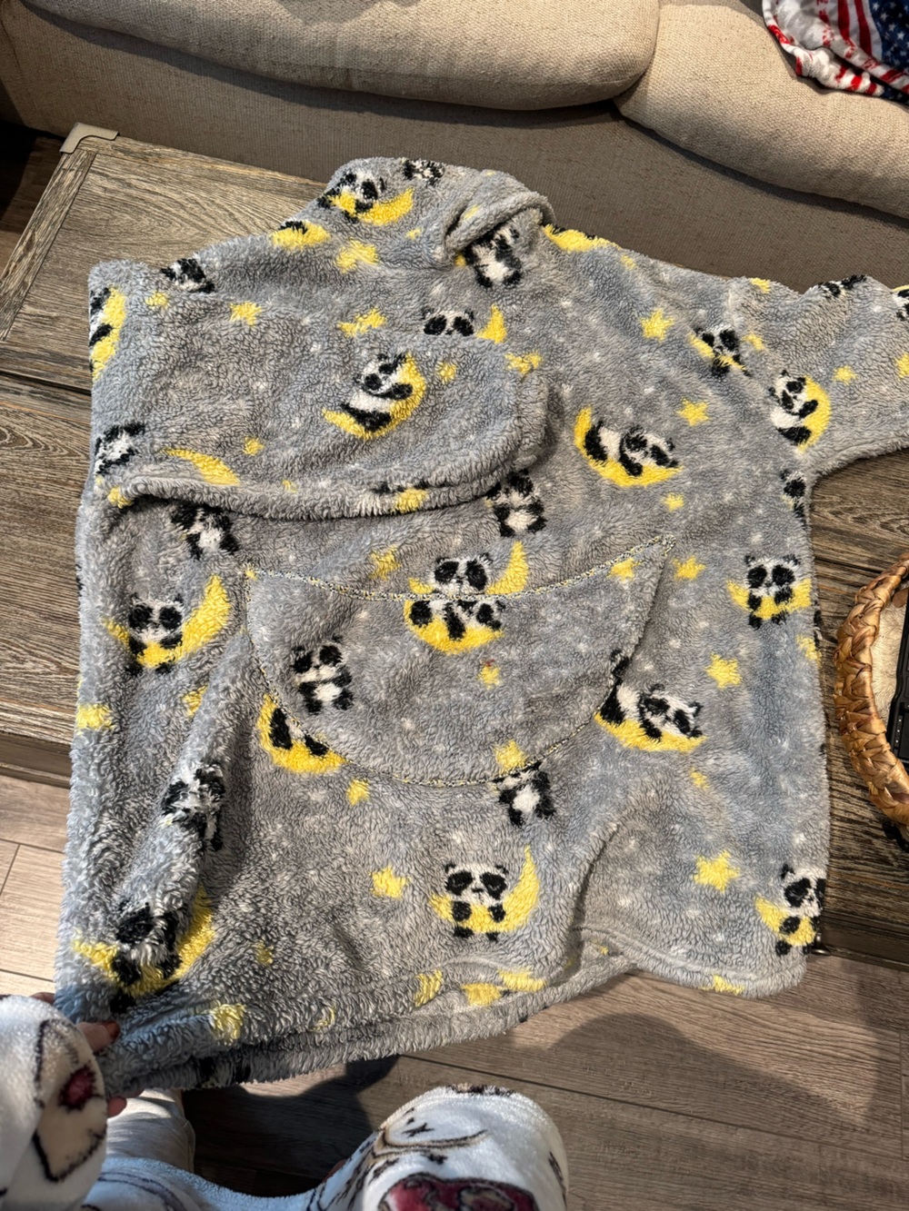 Cozy Grey & Yellow Panda Print Kids hooded blanket with sleeves